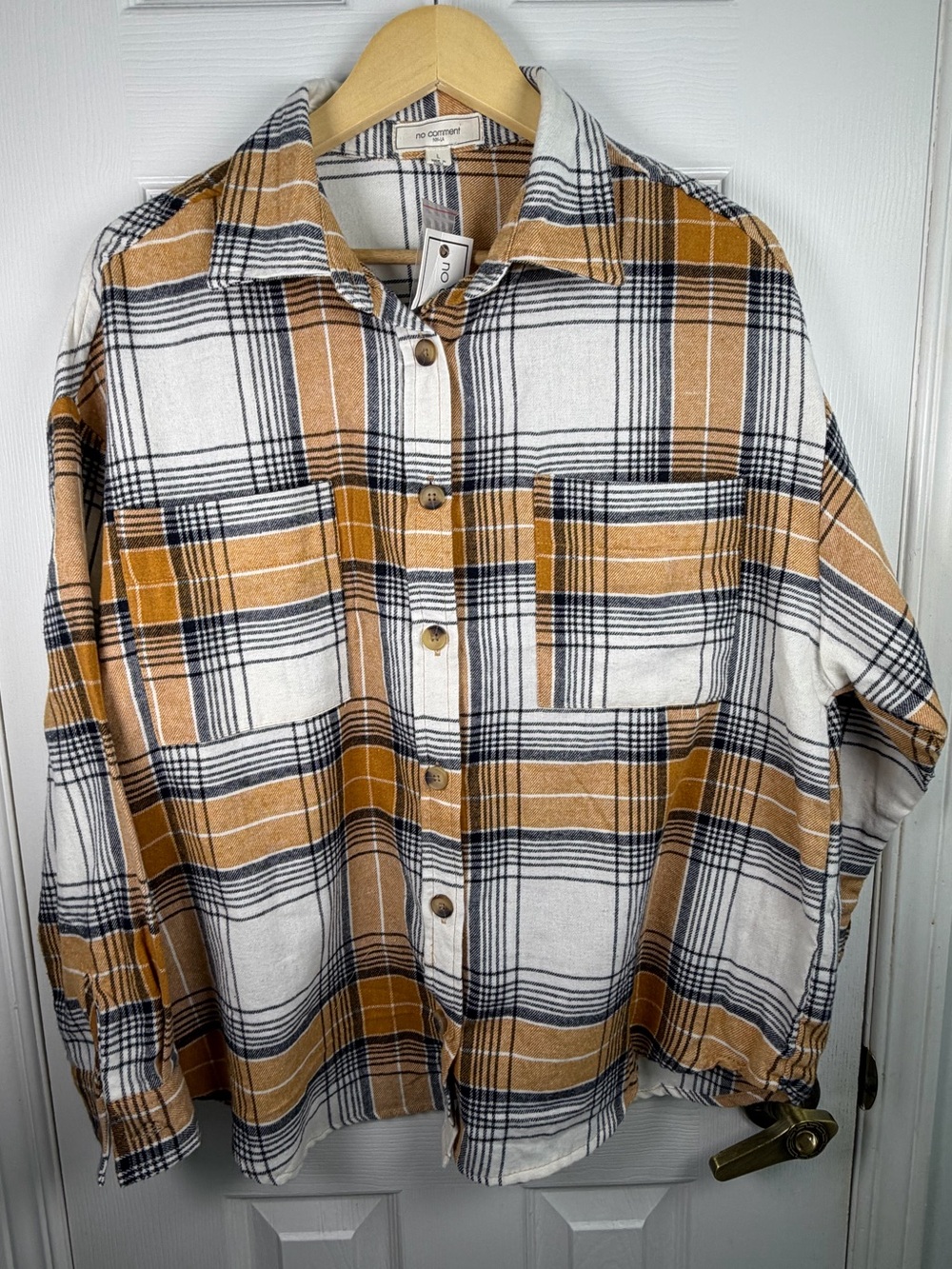 Women's Mustard Black Plaid Flannel Shacket L Button-Up Shirt Jacket NWT Cozy